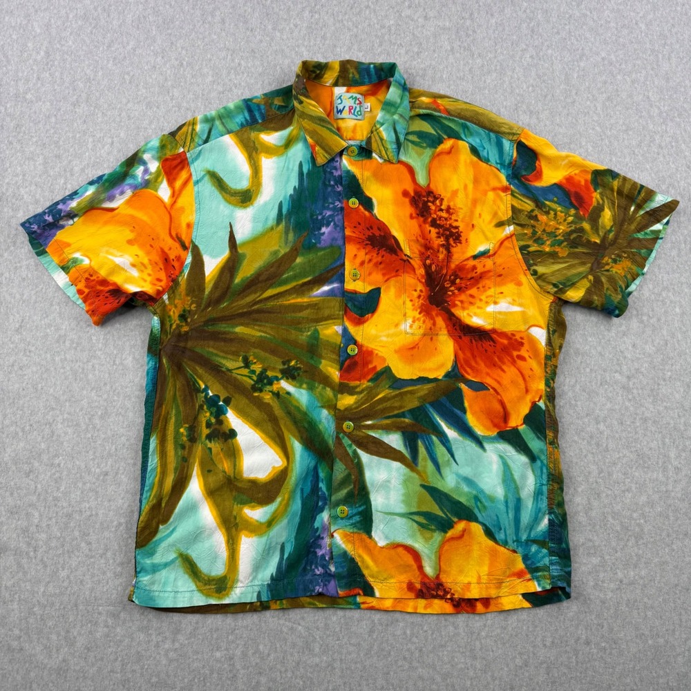 Vintage Jams World Shirt Mens Large Sunburst Floral Hawaiian Short Sleeve‎ Rayon